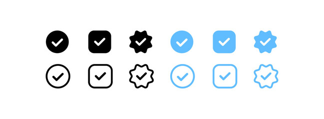 Checkmark icons set. Different styles, checkmark icons in square, circle, star. Vector icons © Viacheslav