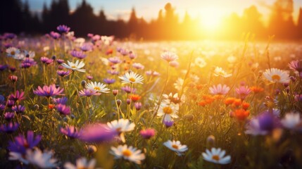 The sun shines through a field of wildflowers. Reflecting the beauty of nature 