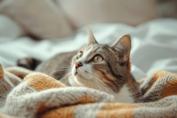 Gorgeous cat resting on blanket gazing elsewhere