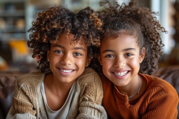 A high-quality portrait of two sisters with beautiful curly hair and radiant smiles, sharing a moment