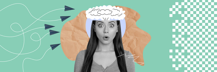 Composite panoramic collage of astonished girl brain explosion cloud idea dilemma thought mental...