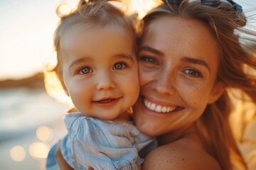 A delightful portrait of a smiling woman and her happy child enjoying sunset at the beach