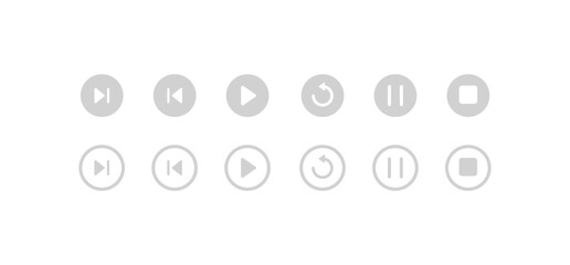 Video navigation buttons. Flat, gray, rewind, start, stop buttons, video navigation buttons icons. Vector icons