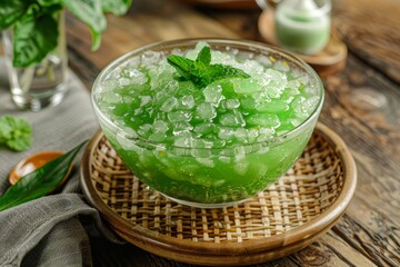 Green cendol droplets in coconut milk and sugar sauce is a popular drink in hot weather