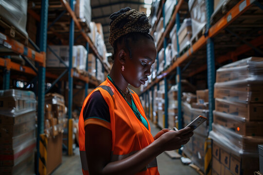 An African employee in a safety vest performing control tasks with a smartphone in a logistics warehouse with shelves and goods. Wholesale logistics and storage sector.