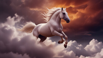 Obraz na płótnie Canvas white horse in the cloudy sunset, AI Generative