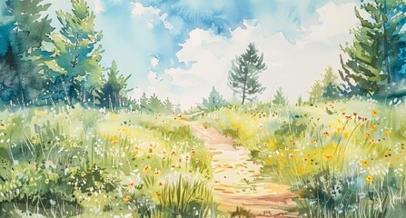 Watercolor painting of a flower field on the hill. Use for wallpaper, postcards, brochures or posters.