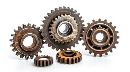  gears, one larger in the middle and four smaller ones around the larger one, on a white background