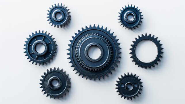 five gears, one larger in the middle and four smaller ones around the larger one, on a white background