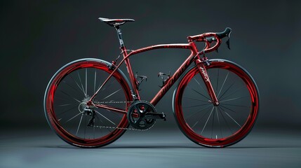 futuristic road bicycle, red covered in decals, subtle gradient background - obrazy, fototapety, plakaty