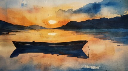 Watercolor painting of a gondola floating on a river in the evening. Use for wallpaper, posters, postcards,
 brochures. - obrazy, fototapety, plakaty