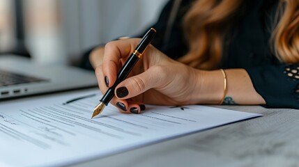 Cropped view of female lawyer's hand holding a luxury black pen and writing on document.