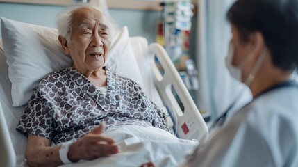Elderly Asian Patient Discussing Health with Caring Doctor in Warm Hospital Setting