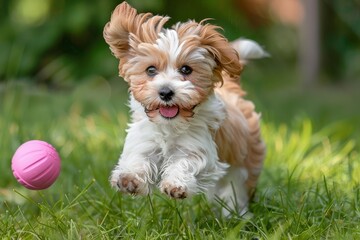 Havanese puppy chasing pink ball in grass