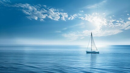 A lone sailboat on a calm blue ocean. 