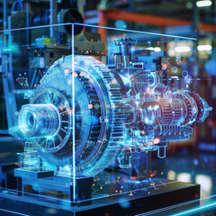 Fototapeta premium An advanced holographic display of engine technology with interactive diagrams and data analytics in a research facility. Technology concept.