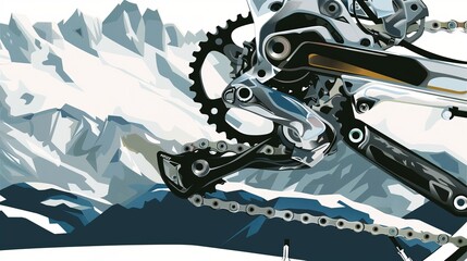 metallic mtb bike derailleur, setting behind the mountains, white background, vectors  - obrazy, fototapety, plakaty
