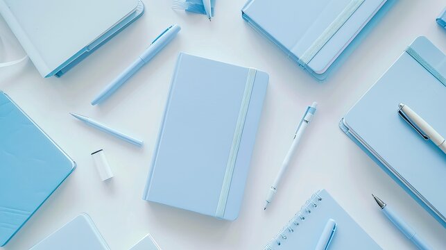 light blue books, pens and notepads, watercolor style, white background 