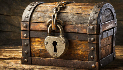 Fototapeta premium Extreme close-up of an ancient treasure chest with an iron heart-shaped padlock, trunk in metal and wooden material. Generative Ai.