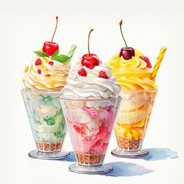 1950s Vintage sundae ice cream, each topped with a perfect cherry, rendered with playful whimsy in this hyper-realistic illustration