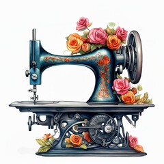 Antique sewing machine with colorful spools of thread, surrounded by vintage roses, in the style of hyper-realistic illustration - obrazy, fototapety, plakaty