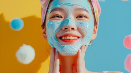 facial mask with a playful concept, the mask has a cartoon face design, promoting fun and youthful...