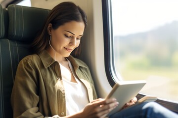 woman sitting on train Enjoy reading e-books on your tablet. 