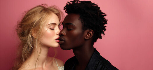 World kiss day illustration. European Woman and black african american man kissing on pink background.