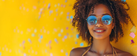 Banner of young curly hair black american woman in blue sunglasses on yellow background. Concept of summer holidays. Protecting eyes from sunlight and ultraviolet rays