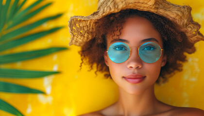 Banner of young curly hair black american woman in blue sunglasses, summer hat on yellow background. Concept of summer holidays. Protecting eyes from sunlight and ultraviolet rays. 