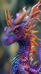 A colorful dragon with a blue eye and a long tail