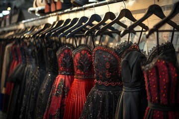 A variety of luxurious evening dresses elegantly hanging on hangers in a retail environment, showcasing intricate designs and rich colors