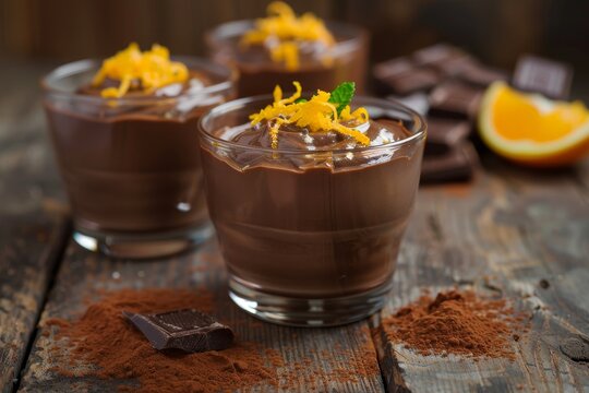 Homemade chocolate pudding with orange zest in glasses on wooden background