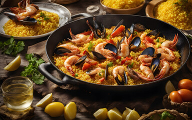 Spanish paella, seafood rich, saffron rice, wide pan, vibrant, sunny outdoor setting