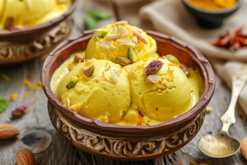 Homemade Matka kulfi from Rajasthan with saffron flavor topped with nuts - obrazy, fototapety, plakaty