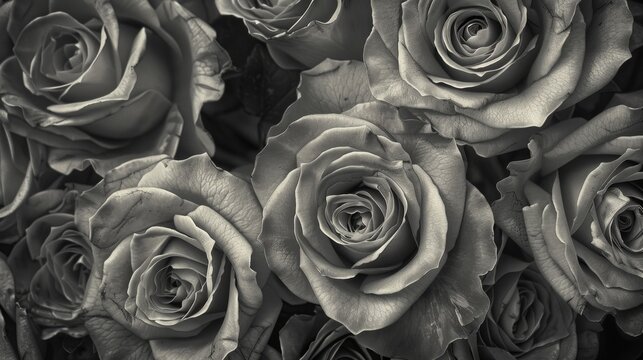 Detailed black and white image of a beautiful bouquet of roses with a vintage vibe