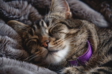 Horizontal photo of a cat sleeping wearing a purple collar