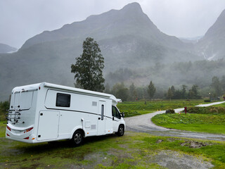Motorhome camper in a campsite near Briksdal glacier, south Norway. Europe