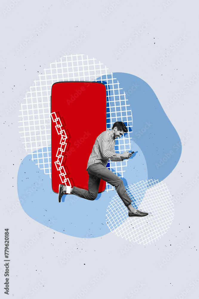 Aufkleber Vertical photo collage of happy guy run type message iphone display addiction technology dependence chain isolated on painted background