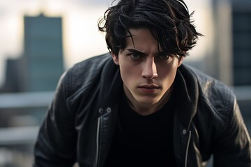 Fototapeta premium young man with black hair Showing an expression of determination, determination, and full of determination. On the background of skyscrapers It represents a challenge. 