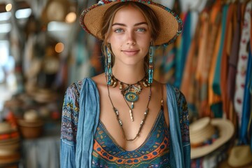 A bohemian-styled woman among colorful market garments and accessories, wearing jewelry