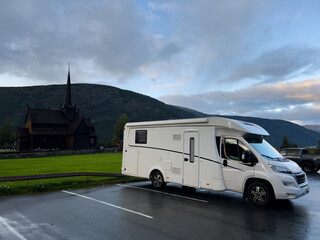 Motorhome camper in Wooden church of Lom, south Norway. Europe