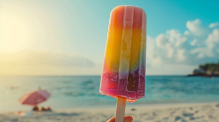 A melting popsicle dripping vibrantly colored juice, held against a backdrop of a sun-drenched beach - Powered by Adobe