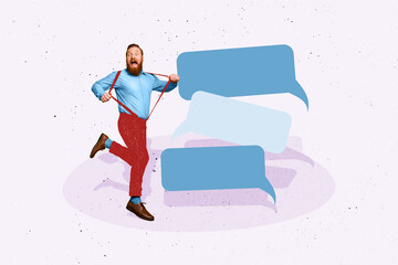 Composite photo collage of happy amazed redhead guy dance text box communication discussion mind...