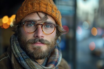 An intimate portrait of a hipster man with a serious expression, wearing glasses and an orange beanie in an urban setting - obrazy, fototapety, plakaty