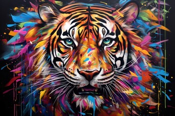 Naklejka premium Street art graffiti piece featuring a majestic colorfull tiger head. Mural art,oil acrylic painting design, canvas.