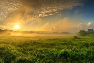 Naklejka na ściany i meble A panoramic view of a lush green meadow bathed in the golden light of dawn, with a gentle mist rising from the ground