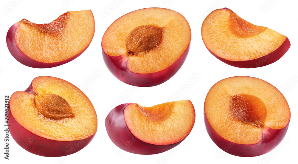 Wall mural plum isolated set. collection of halves and slices of red plums on a transparent background.