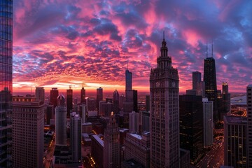 A panoramic view of a vibrant sunset over a city skyline, with skyscrapers reflecting the colorful sky and streets