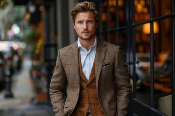 Classy man in a tweed jacket and waistcoat posing with an urban background